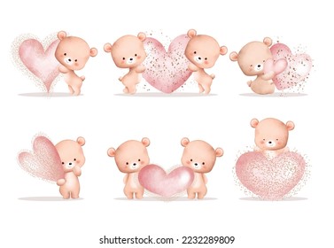 Watercolor Illustration set of  cute teddy bears with pink heart