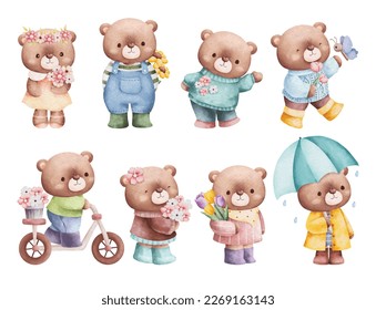 Acuarela Ilustración conjunto de oso de peluche lindo en temporada de primavera