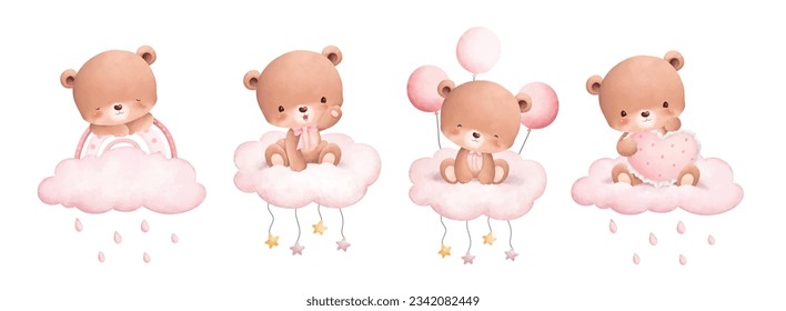 Watercolor illustration set of cute teddy bear on cloud