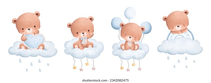 Ilustración acuarela conjunto de oso de peluche lindo en la nube