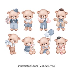 Watercolor Illustration set of cute teddy bears