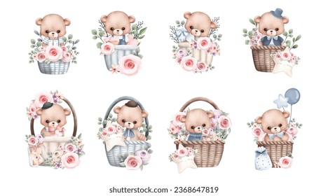 Watercolor Illustration set of cute teddy bear in basket with flower wreath