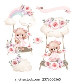 Acuarela Ilustración conjunto de oso de peluche lindo oscilando sobre la nube y el arcoiris con elementos florales de flores