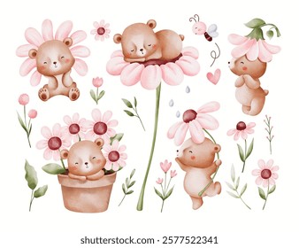 Watercolor Illustration Set of Cute Teddy Bear and Pink Flowers