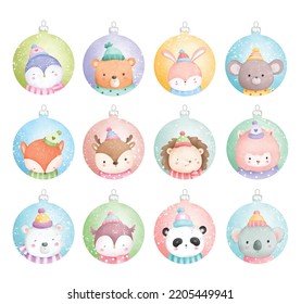 Watercolor Illustration set of Cute Winter Animal Christmas ball ornament