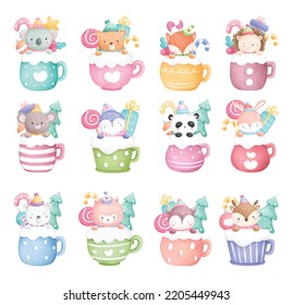 Watercolor Illustration set of Cute Winter Animal in cup with Christmas ornaments