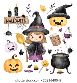 Watercolor Illustration Set of Cute Witch and Halloween Elements