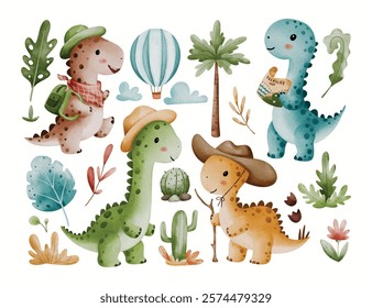 Watercolor Illustration Set of Dinosaurs and Nature Elements