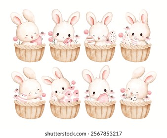 Watercolor Illustration Set of Easter Bunny in Basket with Easter Egg