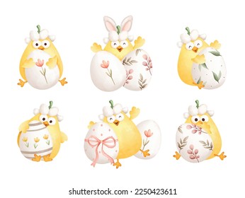 Watercolor Illustration set of Easter Chick and Easter eggs