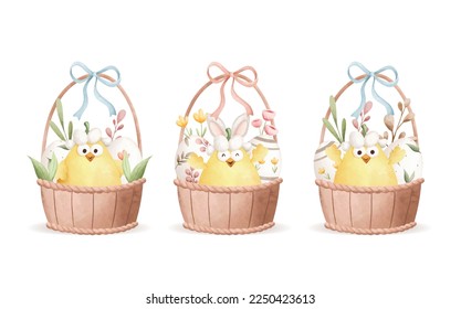 Watercolor Illustration set of Easter Chick and Easter egg in basket