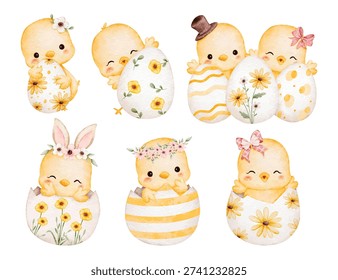 Watercolor Illustration Set of Easter Chicks and Easter Eggs
