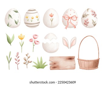 Watercolor Illustration set of Easter Egg and elements