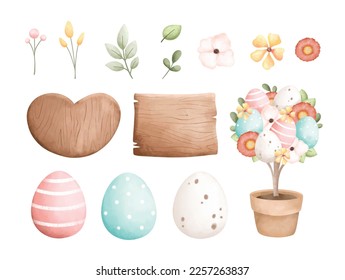 Watercolor Illustration set of Easter egg and spring elements