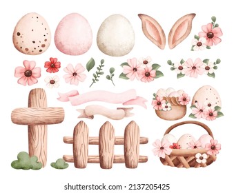 Conjunto de ilustraciones de acuarela de elementos de Pascua 