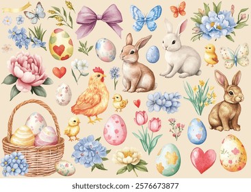 Watercolor illustration set of Easter elements. Hand drawn