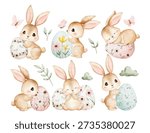 Watercolor Illustration Set of Easter Rabbit and Easter Eggs with Floral Decoration