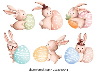 Watercolor Illustration set of  Easter Rabbit and Easter Egg 