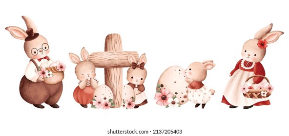 Watercolor illustration set of Easter Rabbit Family with Easter Egg 