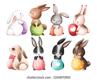 Watercolor illustration set of Easter rabbit and Easter egg