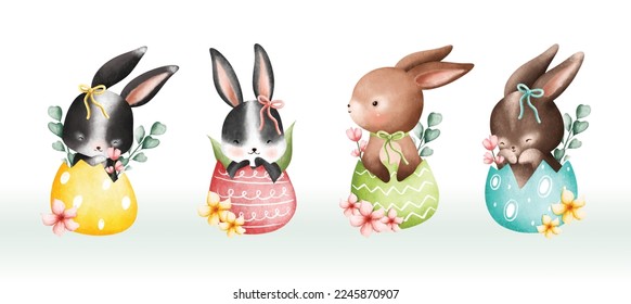Watercolor illustration set of Easter rabbit and Easter egg