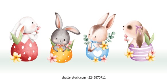 Ilustración acuarela conjunto de conejo de Pascua y huevo de Pascua