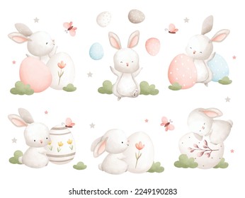 Watercolor Illustration. Set of Easter rabbit and Easter egg