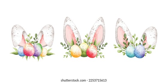 Acuarela Ilustración de la oreja de Conejo de Pascua con huevos de Pascua