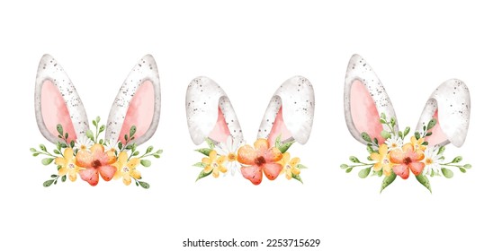 Acuarela Ilustración conjunto de oreja de Conejo de Pascua con flores