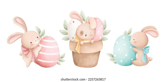 Watercolor Illustration set of Easter rabbit