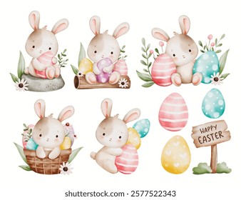 Watercolor Illustration Set of Easter Rabbit and Eggs