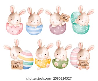 Watercolor Illustration Set of Easter Rabbits in Colorful Egg