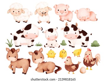 Watercolor Illustration set of Farm Animals