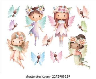 Ilustración acuarela de hadas de flores y mariposa