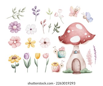Watercolor illustration set Flowers   leaves