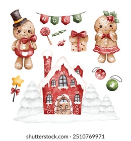 Watercolor Illustration Set of Gingerbread and Christmas Ornaments