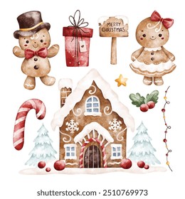 Watercolor Illustration Set of Gingerbread and Christmas Ornaments