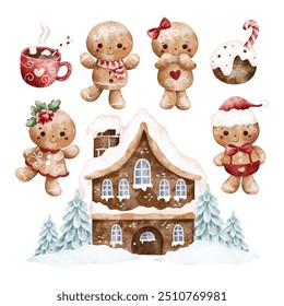 Watercolor Illustration Set of Gingerbread and Christmas Ornaments