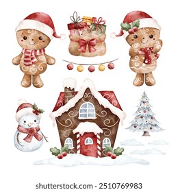 Watercolor Illustration Set of Gingerbread and Christmas Ornaments