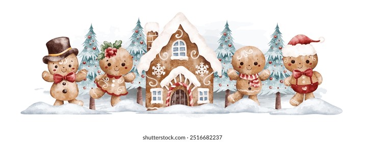 Watercolor Illustration Set of Gingerbread with Ginger House and Christmas Tree in Snow