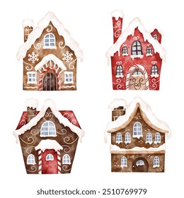 Watercolor Illustration Set of Gingerbread House