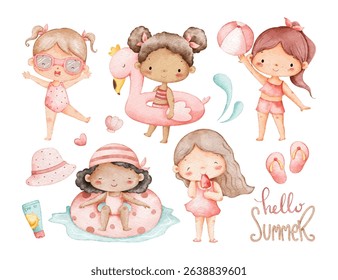 Watercolor Illustration Set of Girls in Summer Holiday and Summer Elements