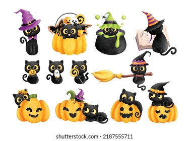 Watercolor Illustration set of Halloween back cat