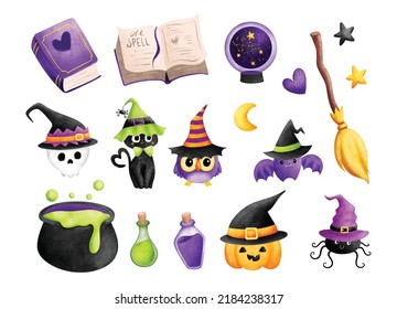 Watercolor Illustration set of Halloween witch elements