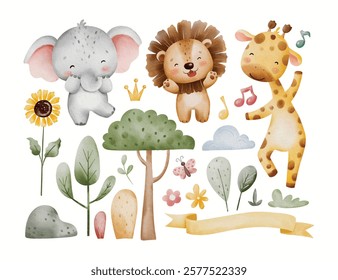 Watercolor Illustration Set of Happy Safari Animals and Nature Elements