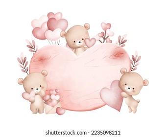 Acuarela Ilustración conjunto de tablero de madera con forma de Corazón con osos valentinos Cute