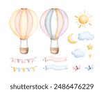 Watercolor Illustration Set of Hot Air Balloons and Elements