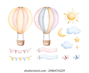 Watercolor Illustration Set of Hot Air Balloons and Elements