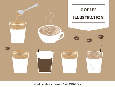 watercolor illustration set of hot, iced and dalgona coffee.