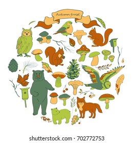 Watercolor illustration, set with the image of leaves, branches, berries, flowers, animals and birds, autumn elements, bear, squirrels, fox, owl. Brown orange green beige ocher gray shades vector